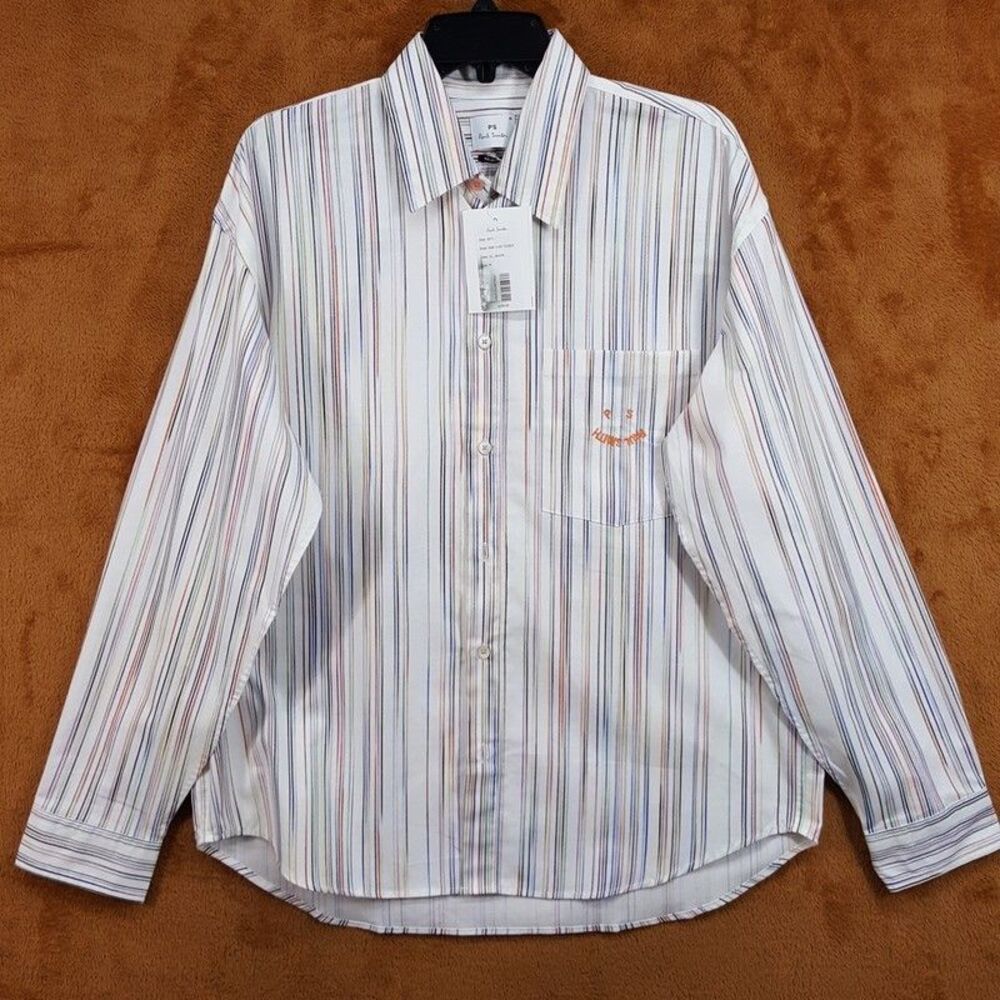 PAUL SMITH Shirt Mens Large White Stripe Long Sleeve Relaxed Fit Happy $250
